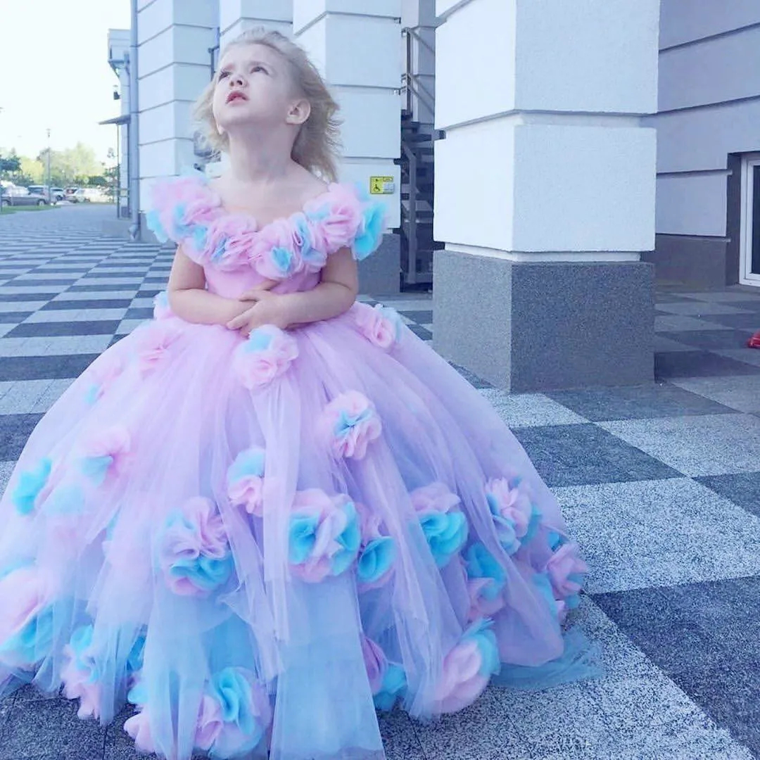 3D Foral Appliques Cute Flower Girls Dresses For Child 2023 Colorful Toddler Kids Brithday Party Gowns V-neck Sleeveless Princess First Communion Dres