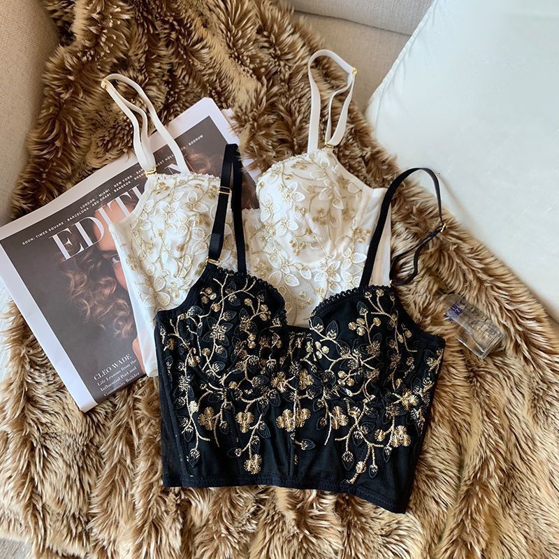 Womens TShirt Camisole Fashion Embroidered 3D Petal Bustier Bra Cropped Tops Female Backless Bottom Vest Corset Push UP Tank 230420