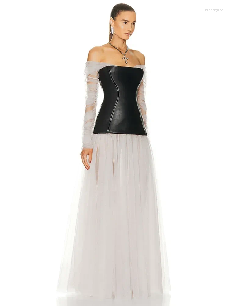 Casual Dresses Luxury Elegant Prom Gowns Women Long Sleeve Off Shoulder White Mesh Black Leather Patchwork Maxi Celebrity Evening