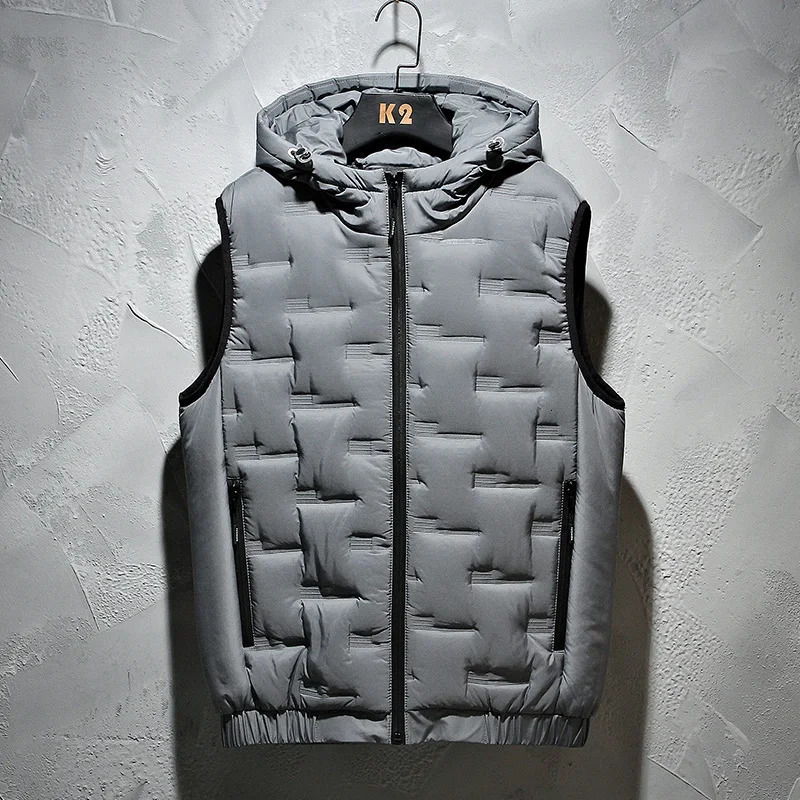 Mens Vests Winter hooded vest mens pleated solid padded windproof and warm sleeveless jacket casual thick Parkas 8XL 231120