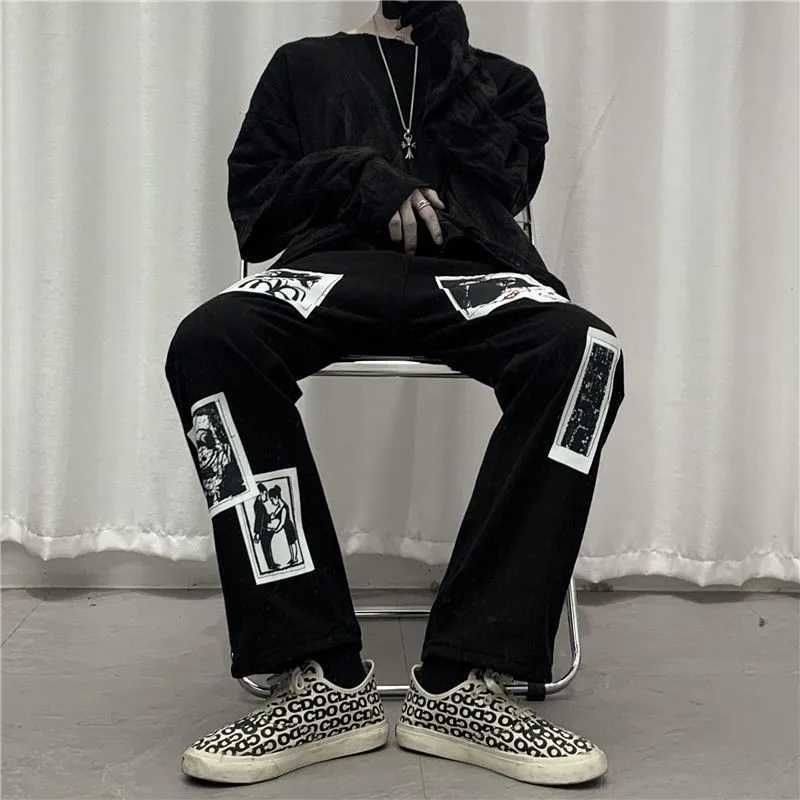 Men's Jeans Korean Fashion Unisex High Waist Hippie Pants Baggy Jeans Trousers Graffiti Comic Stickers Harajuku Straight Wide Leg Y2k Pants J2304
