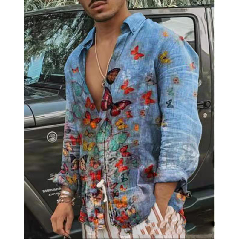 3D Butterfly Print Hawaiian Shirt For Men - Summer Beach Casual Long Sleeve Button Down Blouse