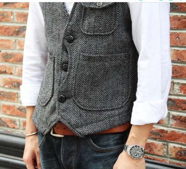 Mens Vests Casual tool vest formal herringbone tweed Vneck wool waist coat business wedding ball groom 231120