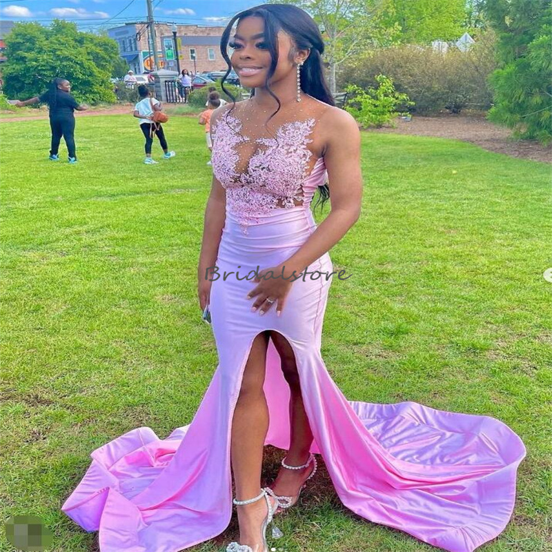 Elegant Pink Prom Dress 2023 For Black Girls Mermaid Satin Beaded Lace Evening Dresses Chic Slit Dance Formal Long Party Gowns vestidos de noche vesti