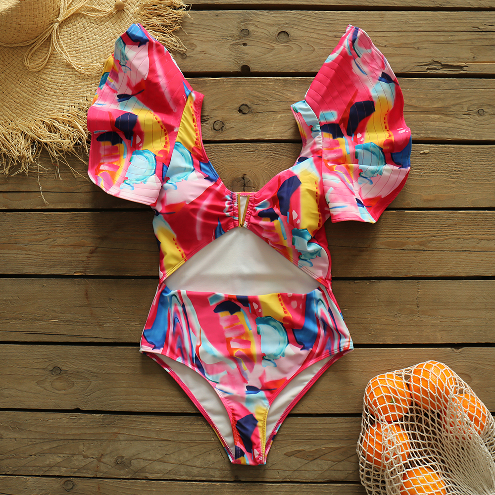 Women's Swimwear Sexy Ruffle Tie Die Print Swimwear Women Swimsuit Shoulder Ruffle Bathing Suit Backless Beach Wear Monkini 230421