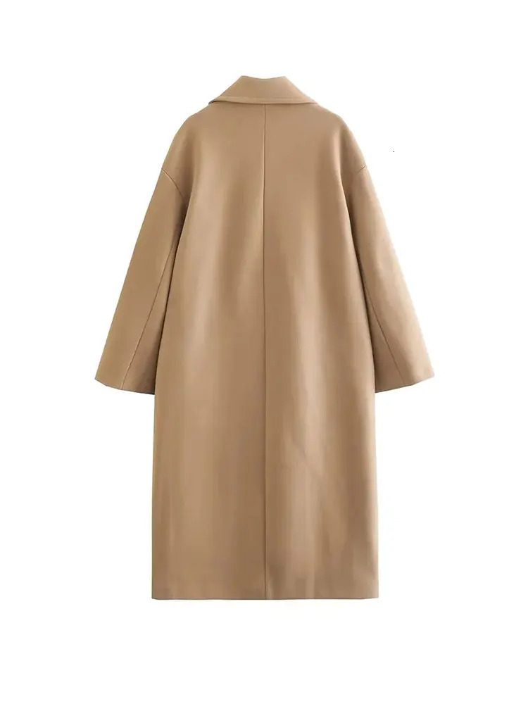 Women's Wool Blends Nlzgmsj TRAF Women Autumn Winter Thick Long Coats Vintage V Neck Sleeve Pockets Jackets 2023 Elegant Female 231120