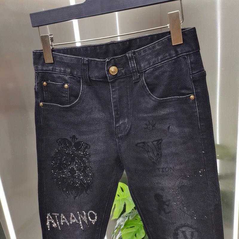 Men's Jeans Spring Jean Men European Animal Fashion Brand Lion Jean Hombre Erkek Kot Pantolon Slim Small Foot Pant Rhinestones Men Jean Pant J230