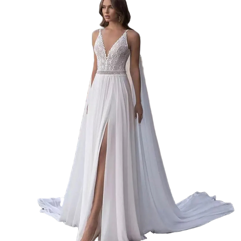 2024 Bohemian Chiffon A Line Wedding Dress Lace Appliques V-Neck Long Beach Bridal Gowns Sexy Open Back White Bride Dresses Summer