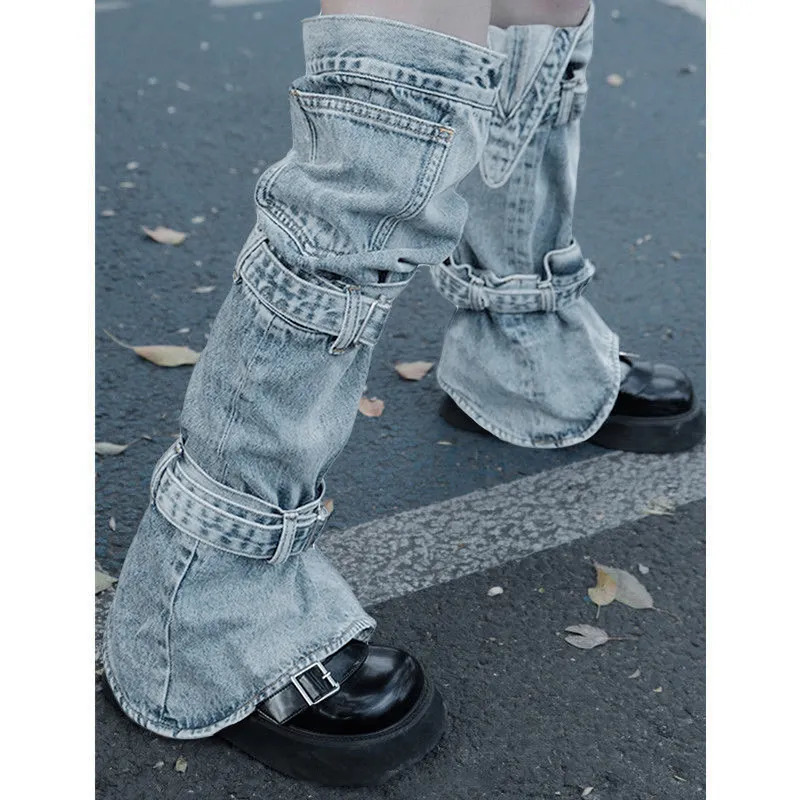 Socks Hosiery Women s Y2K Denim Leg Warmers 80s Knee High Harajuku Buckle Jean Punk Gothic Cover Stockings Streetwear 231120