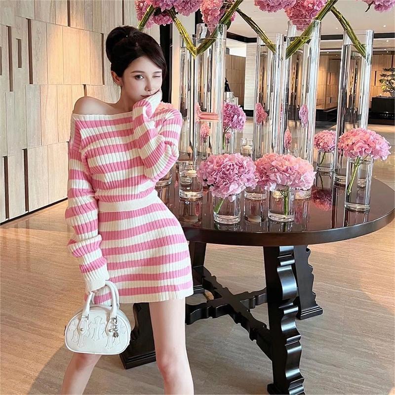 Womens cute sweet 2 piece dress set pink stripe print knitted sweater and short skirt twinset SM