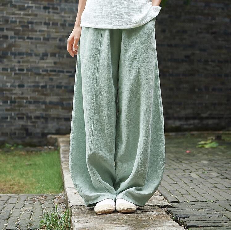 Women's Pants Capris Cotton Linen Bloomers Wide Leg Pants Women Vintage Full Length Fashion Elegent Pants Solid Elasitic Waist Spring Autumn 5XL 