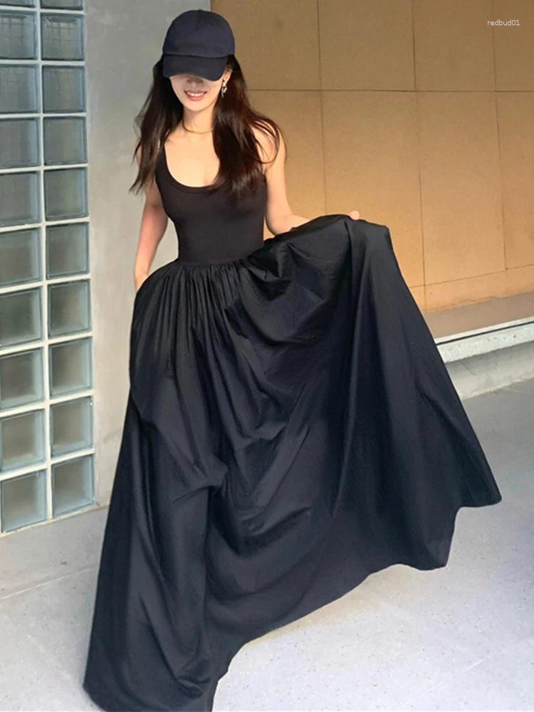 Casual Dresses Women Summer Elegent Sleeveless Big Swing Long Black Dress Female Fashion One Piece Vestidos Korean C