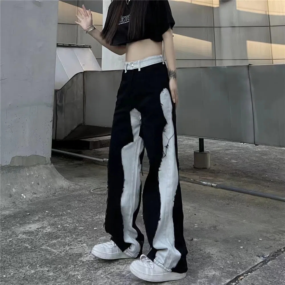 Women's Jeans Harajuku High Street Splicing Straight Jeans Female Fashion Gothic Clothing Y2K Streetwear Wide Leg Baggy Jeans Pants Woman 230421