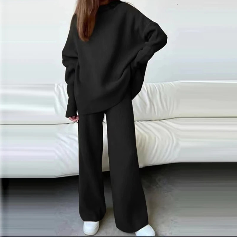 Womens Two Piece Pants Retro Turtle Neck Knitted Set Autumn and Winter Long Sleeve Flower TopWide Leg Trouser Solid 231120