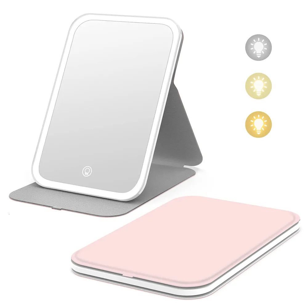 Compact Mirrors Travel Makeup Mirror With LED Light Rechargeable Vanity Mirror Desk Folding Cosmetic Mirror 3 Color LED Mirror Light For Makeup 231120