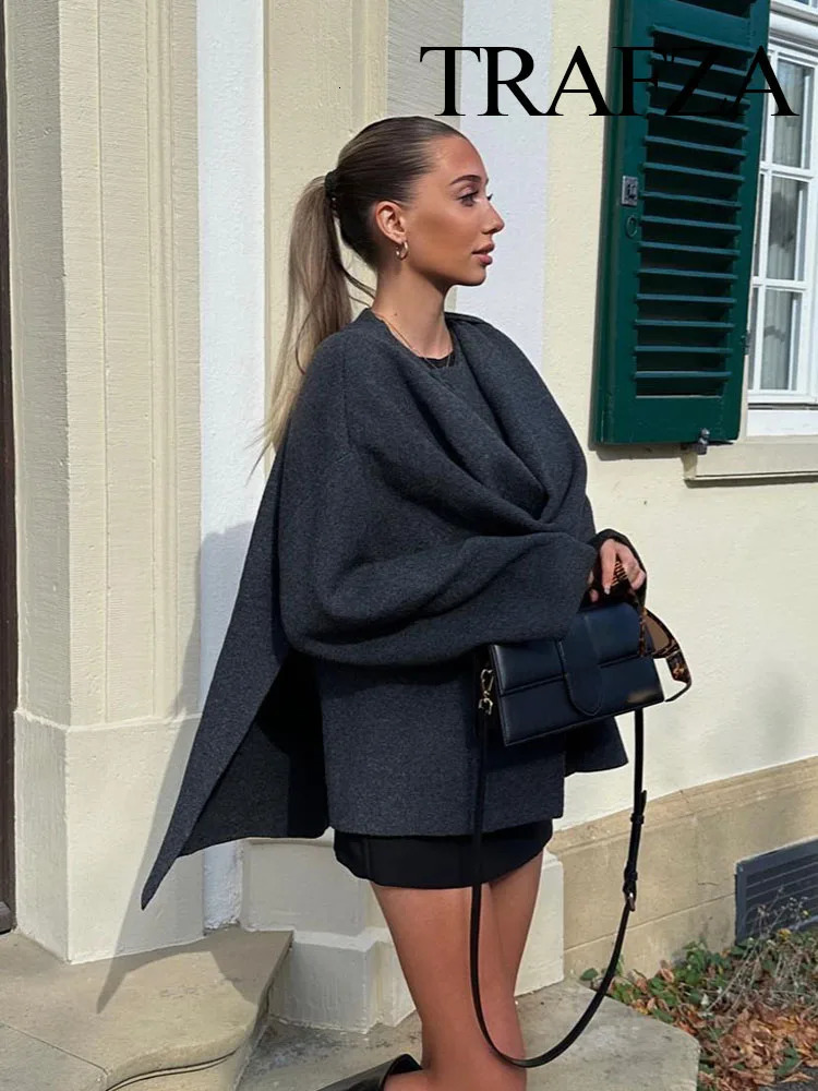 Womens Jackets TRAFZA Winter Fashion Asymmetric Scarf Short Knitted Coat Long Sleeve Single Button Loose Woolen Jacket 231120