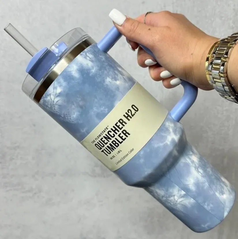 DHL 40oz Tumbler Tie Dye Light Blue Pink Leopard Handle Lid Straw Beer Mug Water Bottle Powder Coating Outdoor Camping Cup