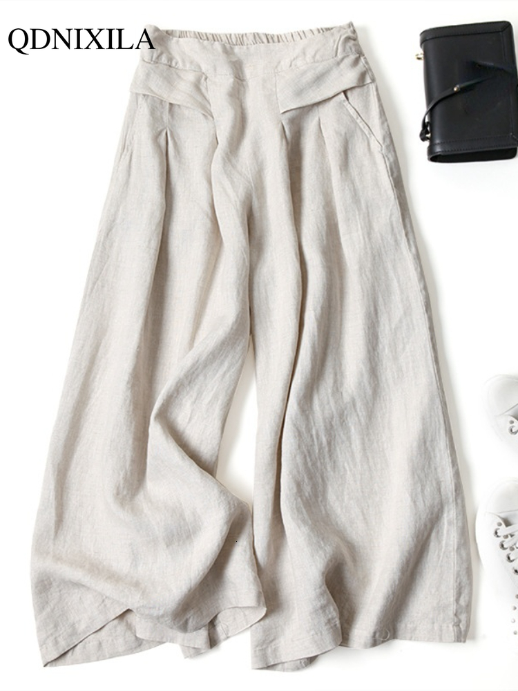 Women's Pants Capris Spring Summer Women's Cotton Linen Wide Leg Pants Loose Elastic High Waist Thin Ladies Skirt Pants Capris Flared Trouse