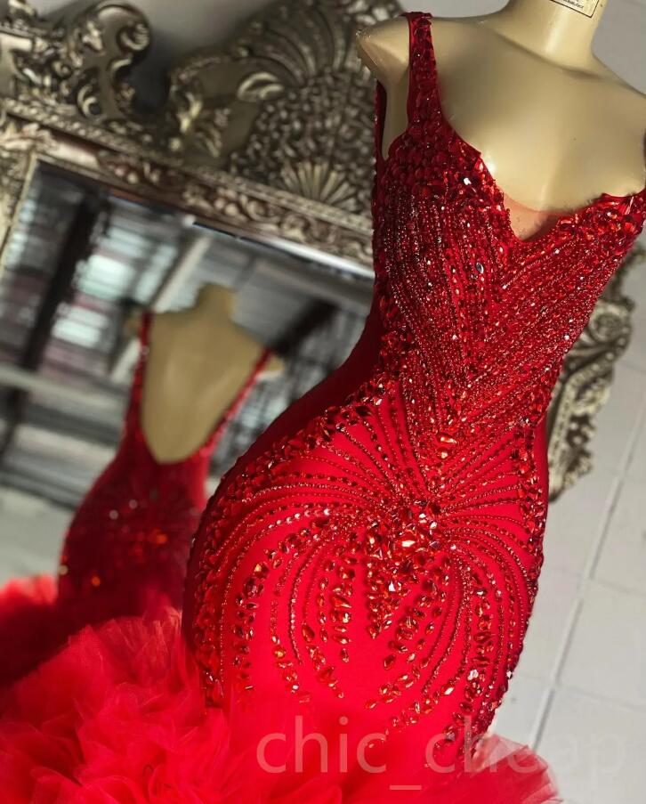Arabic Aso Ebi Red Mermaid Evening Dresses Beaded Crystals Tiers Ruffles Tulle prom Occasion Engagement Gown Robe De Soiree
