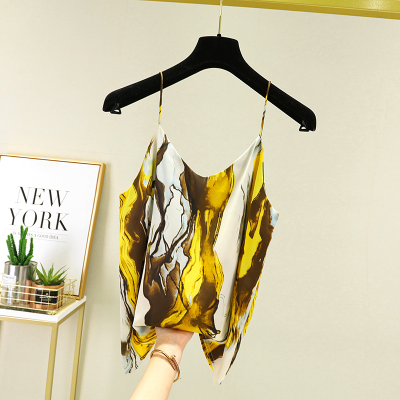 Camisoles Tanks Blue Oil Painting Spaghetti Strap Tank Top Women Silk Satin Summer Vintage Halter Vest Bottom Outside Wear Sleeveless Lingerie 230421