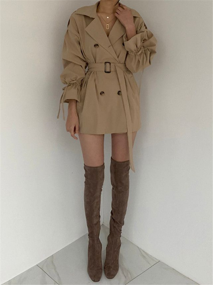 Women's Trench Coats REALEFT Autumn Winter Khaki Minimalist Coat Sashes Windbreaker Loose Flare Sleeve Double Breasted 230421