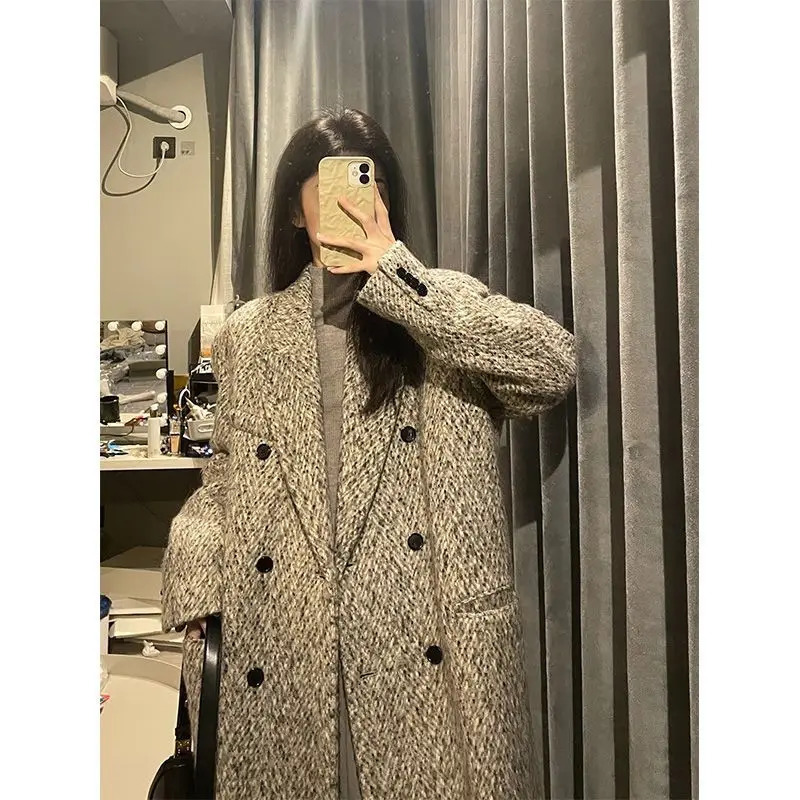 Women's Wool Blends Retro Temperament Herringbone Pattern Coat 2023 Winter Women Double Breasted Woolen Coats Office Lday Thick Fashion Long 2311