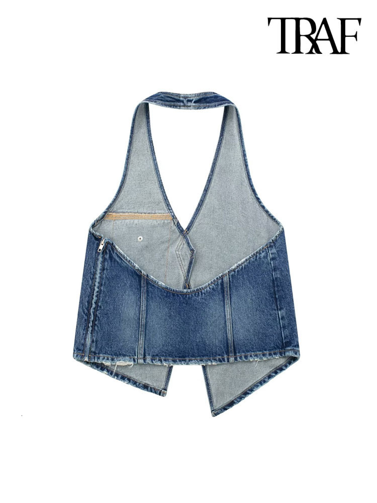 Womens TShirt TRAF Women Fashion With Flap Denim Asymmetric Tank Tops Sexy Backless Halter Neck Side Zipper Female Camis Mujer 230420