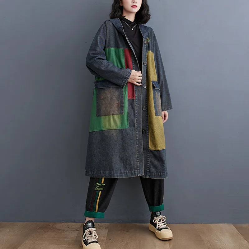 Women's Jackets 7057 Autumn Winter Long Denim Jacket Spliced Color Hooded Jeans Loose Pockets Streetwear Windbreaker Coat 231120