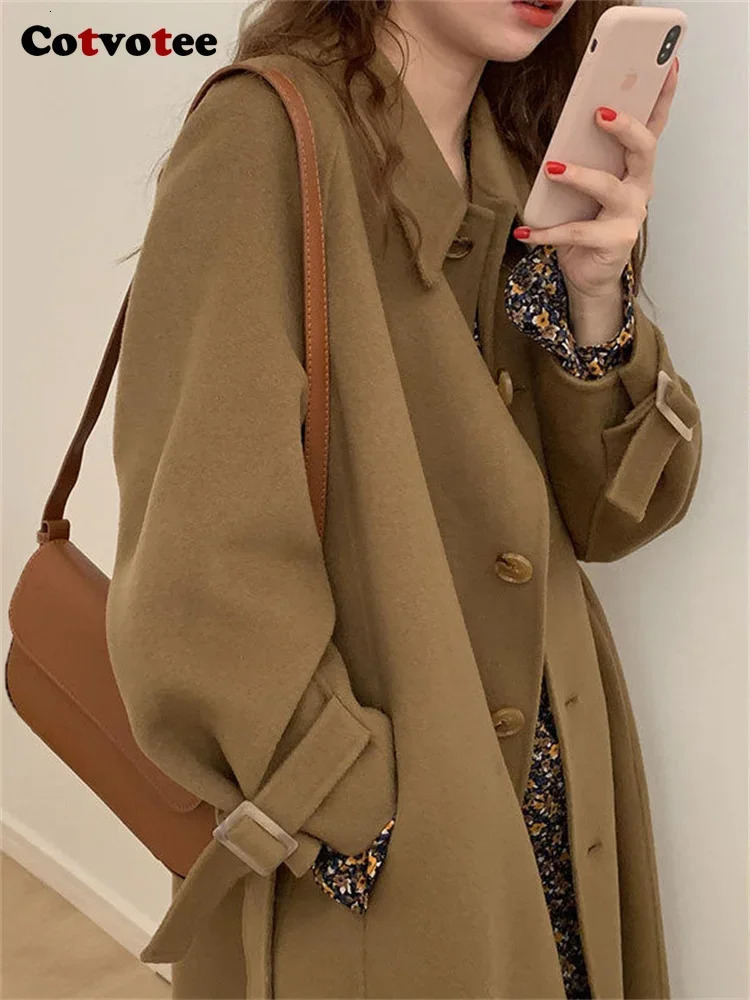 Women's Wool Blends Cotvotee Turn Down Collar Coat Women 2023 Autumn Winter Vintage Button Up Long Coats Sleeve Casual Loose Jacket 231120