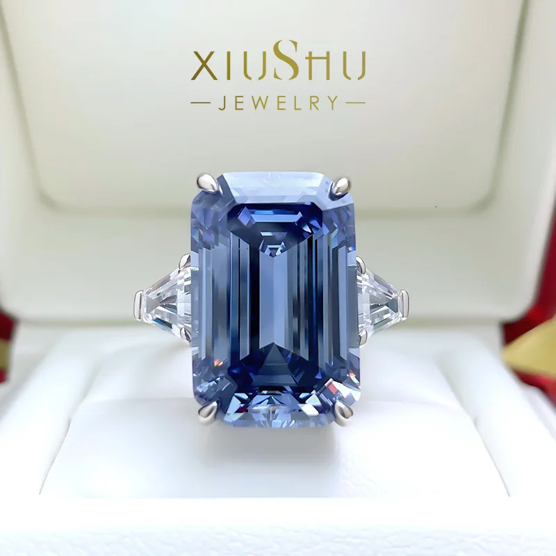 Wedding Rings Gaoding Big Rock Sugar Blue Grey High Carbon Diamond Ring Emerald Cut Index Finger Cool Wind Premium European And American 231120