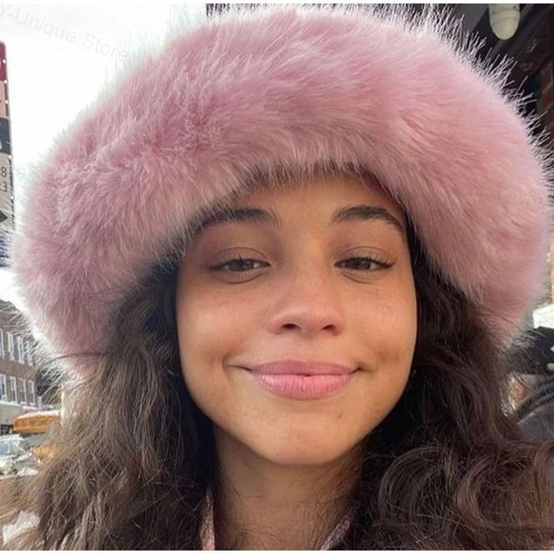 Wide Brim Hats Bucket Winter Fluffy Faux Fur Hat Y2K Thick Warm Plush Fashion Cold Proof Fisherman Cap Outdoor Ear Protection 231121