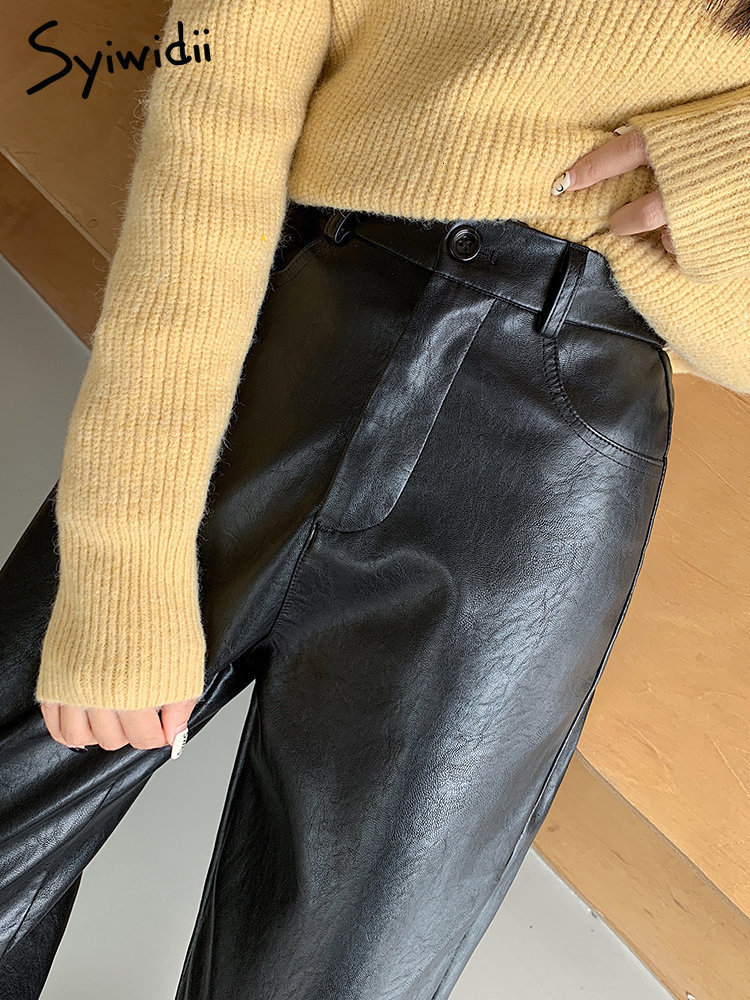 Women's Pants Capris Syiwidii Burgundy Leather Pants Women Wide Leg Trousers Korean Style Y2k Fashion Loose Pants High Waisted Black Pu Baggy Pan