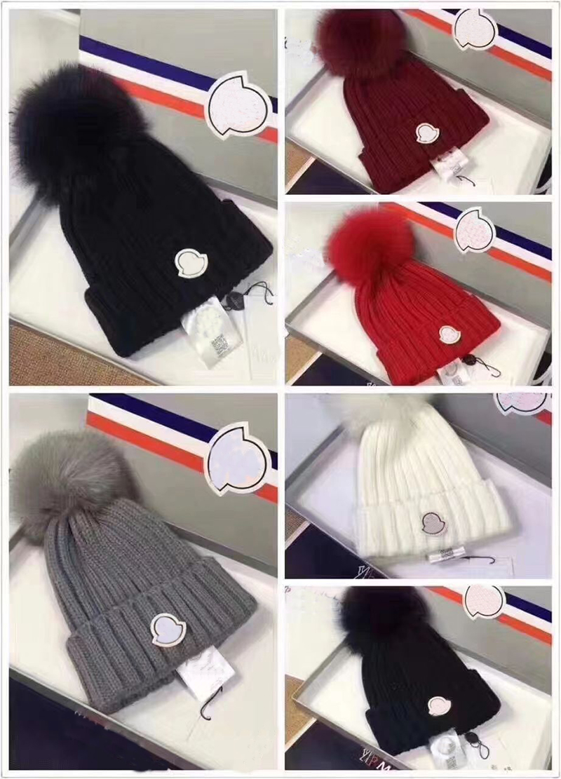 Designer Winter Knitted Woolen Hat Women Chunky Knit Thick Warm Faux Fur Pom Beanies Female Bonnet Beanie Caps colorfull Hats