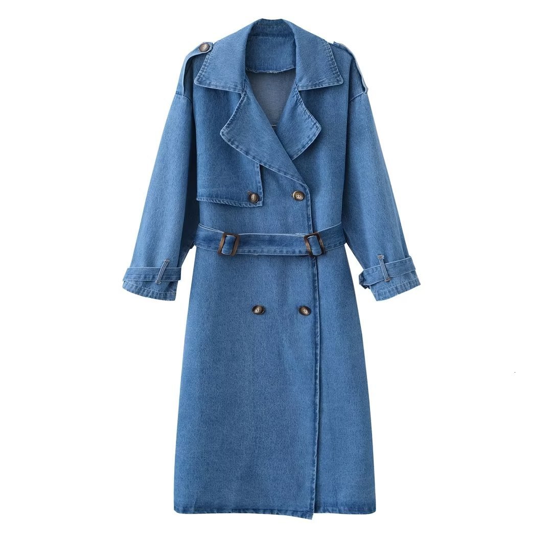 Women's Trench Coat 2023 Fashion With Belt Double Breasted Denim Vintage Long Sleeve Female Outerwear Chic Overcoat 230421, Blue
Women's Trench Coat 2023 Fashion With Belt Double Breasted Denim Vintage Long Sleeve Female Outerwear Chic Overcoat 230421, Blue