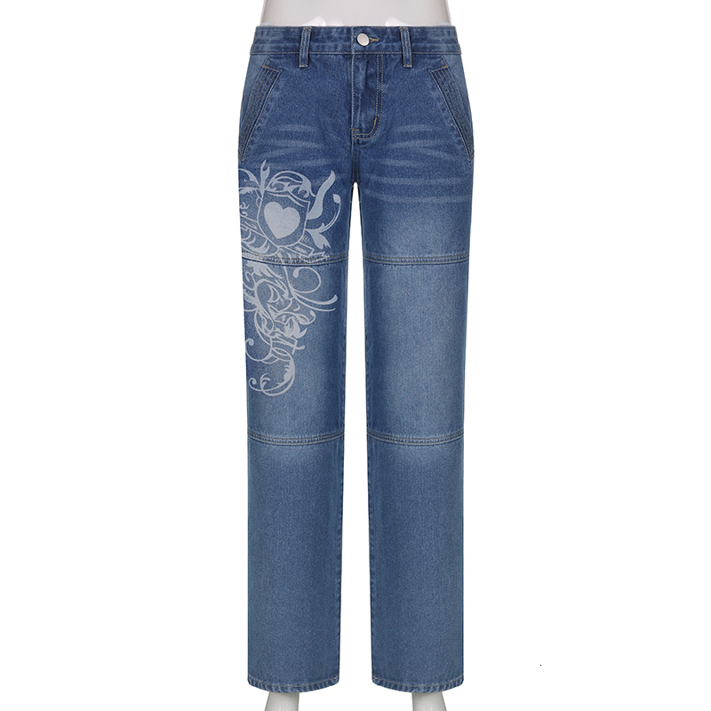 Women's Jeans Women's Harajuku Print Jeans Floral Print Vintage Aesthetic Baggy Straight Pants Grunge Casual Outfits Trousers Streetwear Y2k