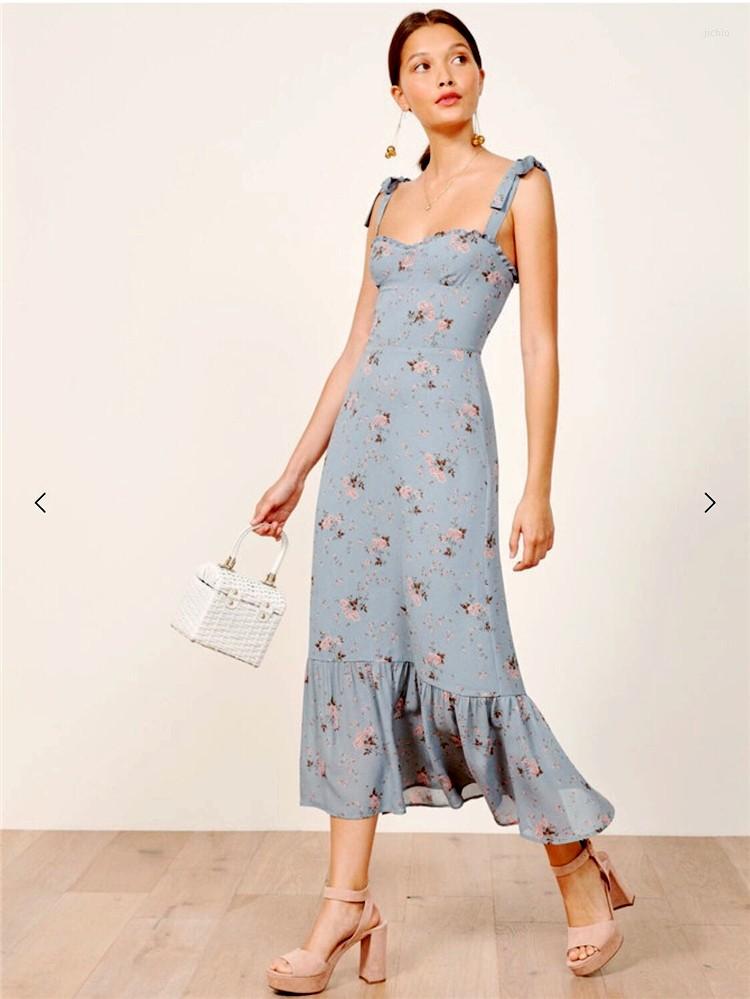 New Casual Dresses Summer 2024 Women Spaghetti Strap Chiffon Dress Runway European Bohemian Floral Printed Midi Ruffles