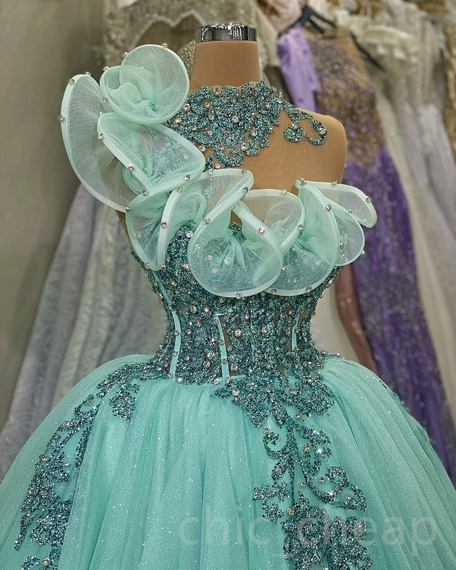 2023 April Aso Ebi Crystals Lace Quinceanera Dresses Sheer Neck Ball Gown Prom Evening Party Pageant Birthday Gowns Dress ZJ0234