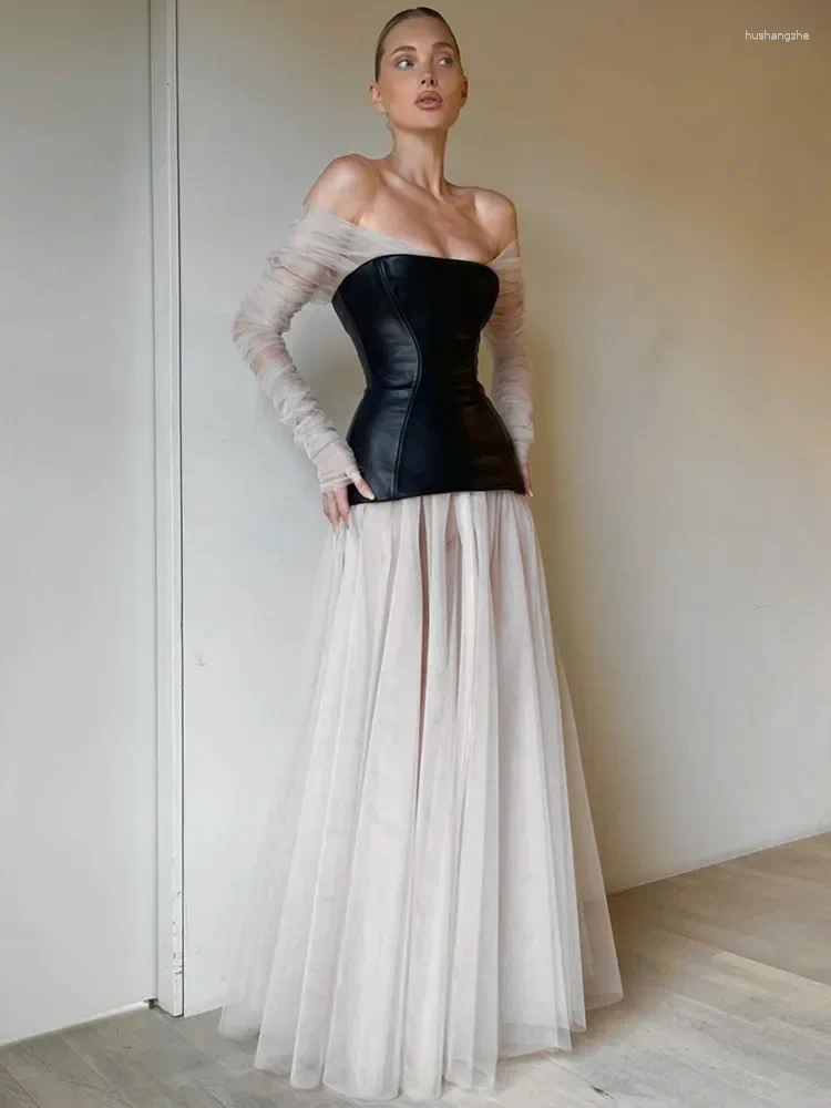 Casual Dresses Luxury Elegant Prom Gowns Women Long Sleeve Off Shoulder White Mesh Black Leather Patchwork Maxi Celebrity Evening