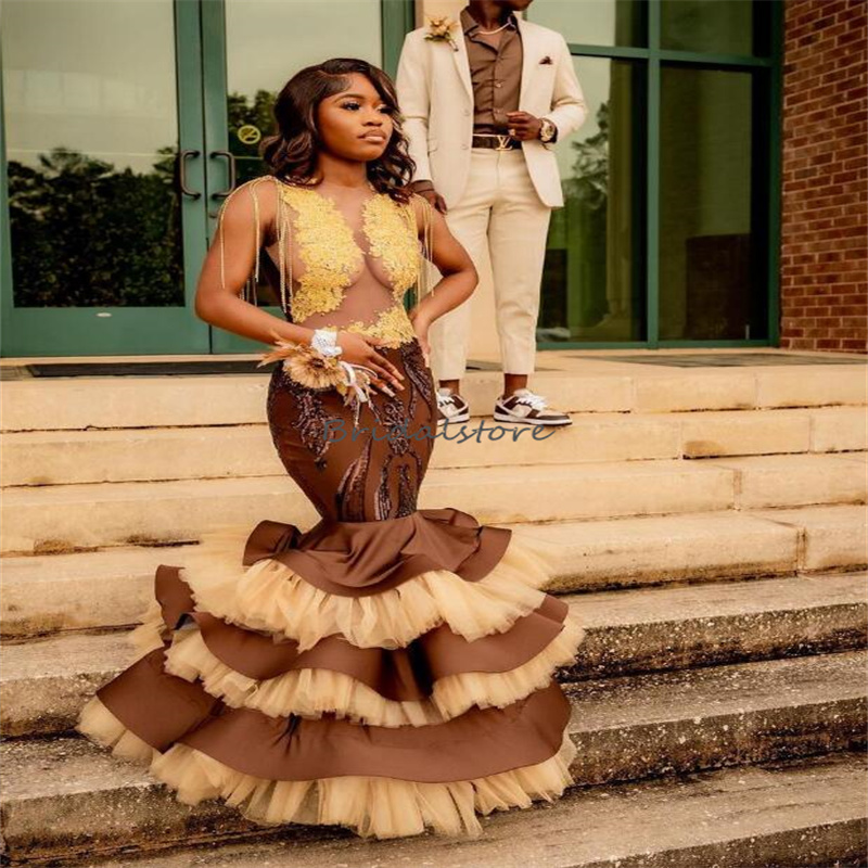 New Brown Black Girls Prom Dress Tiered Bottom Illusion Mermaid Evening Gown With Beaded Lace Aso Ebi Formal Birthday Party Wear South African Pageant
