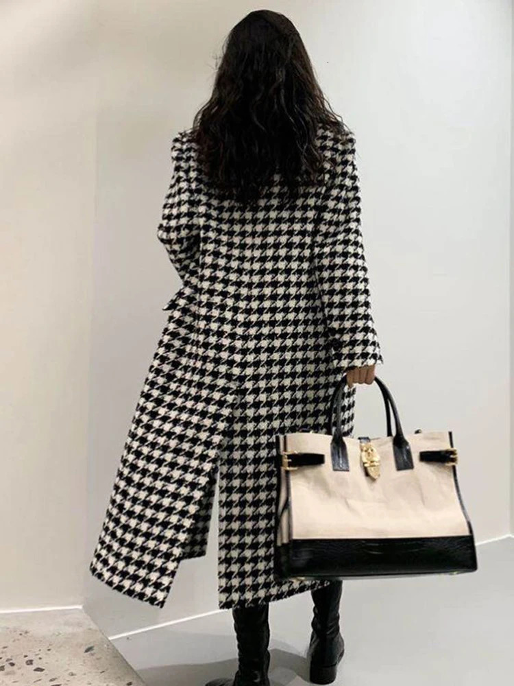 Women's Wool Blends Houndstooth Coat Women Vintage Faux Overcoat Female Autumn Winter Thick Warm Jacket Ladies Korean Fashion Long Blend Coats 23