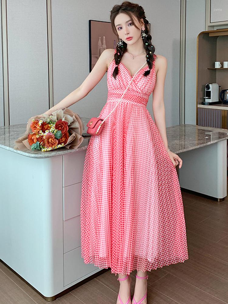 New Casual Dresses 2024 Summer Women Maxi Dress Sweet Beach Boho Mesh Red Dot V-neck Strap Slip Pleated Swing Robes Holiday Vestido