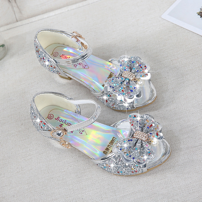Sandals 5 Colors Children Princess Sandals Kids Girls Wedding Shoes High Heels Dress Shoes Bowtie Gold Pink Blue Silver Shoes For Girls 230421