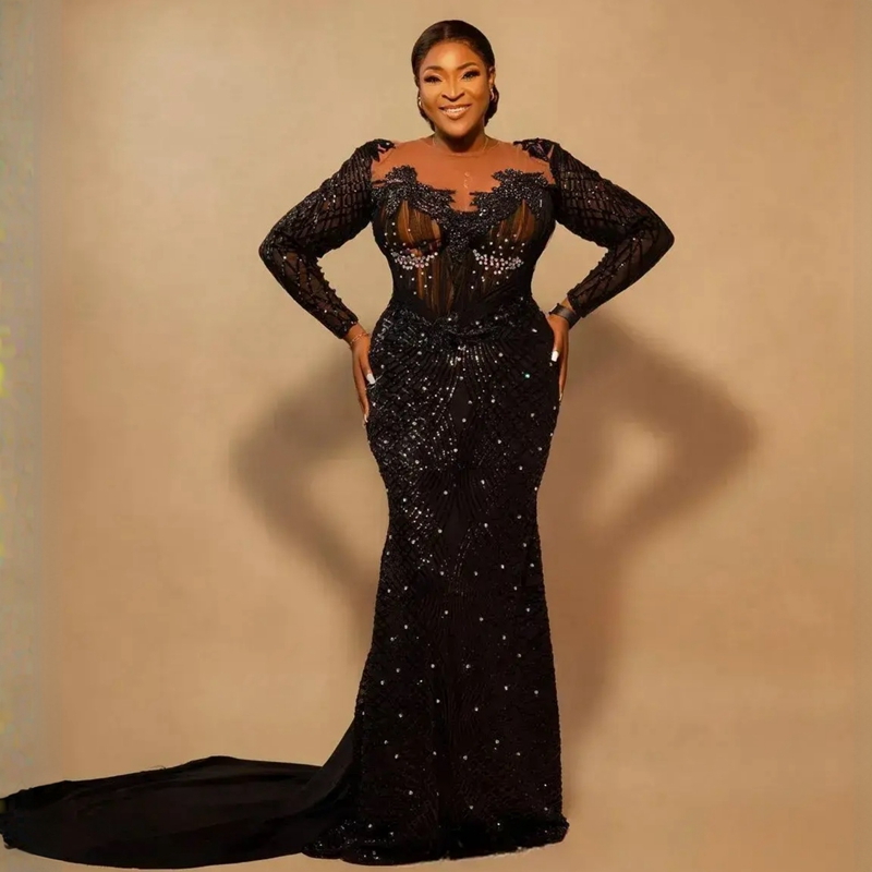 Plus Size Aso Ebi Party Prom Dress Long Sleeves Elegant Mermaid Evening Birthday Black Girl's Dresses African Arabic Style Formal Gowns Sheer Nec