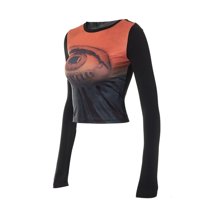 Womens TShirt Aesthetic Vintage Apparel Y2K Eye Crop Top Black Patchwork Halloween Women Long Sleeve Harajuku Streetwear Egirl Tee 230420