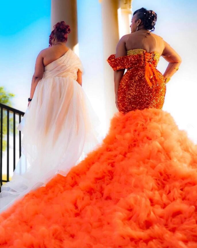 Orange Sparkly African Wedding Dresses with Remove Skirt Luxury Crystal Applique Mermaid Bridal Reception Gown vestidos de novia