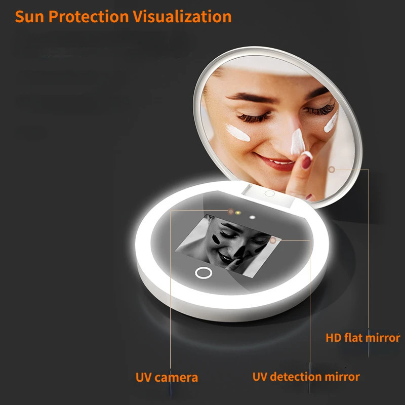 Compact Mirrors UV Sunscreen Test Camera Portable LED Cosmetic Mirror Sunscreen Makeup Removal Skin Condition Detection Mini Travel Mirror 231120