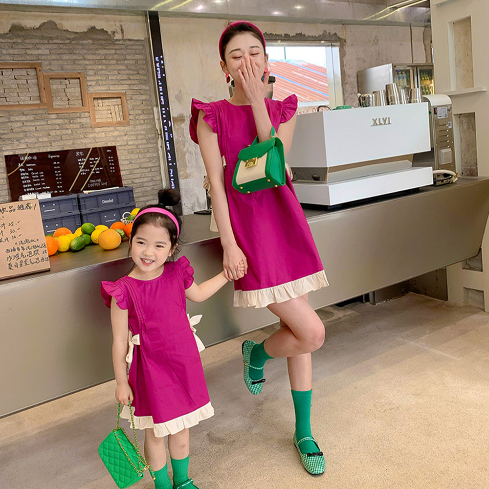 Family Matching Outfits Melario Summer Parent-Child Dress Girl Baby Dragon Fruit Color Matching Dress Mother and Daughter Flying Sleeve Girls Dresses 