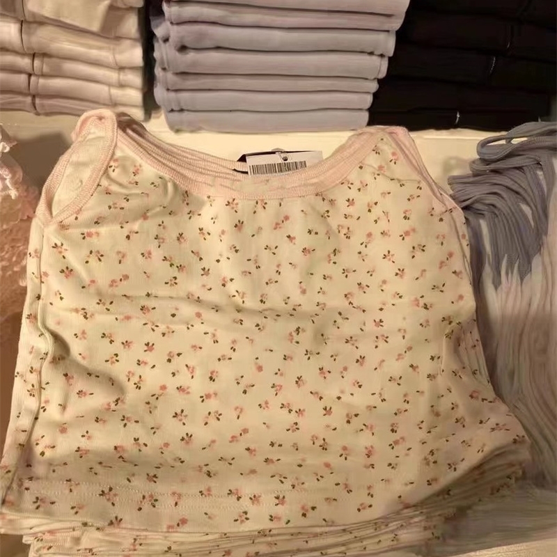 Camisoles Tanks Casual Women White Soft Cotton Pink Floral Slim Camisole Summer Fashion Ladies Spice Female Knitted Sleeveless Top 230421