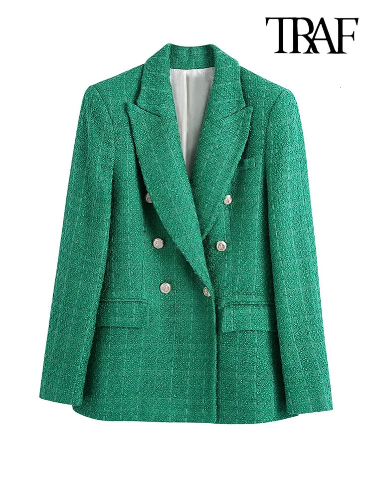 Women's Suits Blazers TRAF Women Fashion Double Breasted Tweed Green Blazer Coat Vintage Long Sleeve Flap Pockets Female Outerwear Chic Veste 231