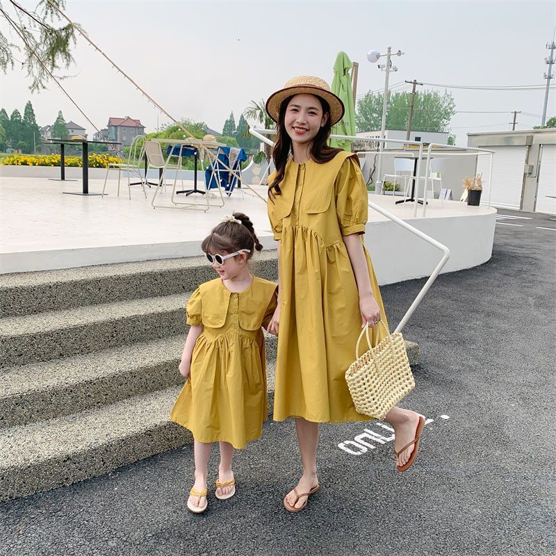 Family Matching Outfits Mommy and Daughter Matching Dress Summer Mother Kids Girl Yellow Pink Family Look Dresses Korean Matching Family Outfits 23042